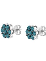 Sterling Silver Treated Blue Diamond Floral Stud Earrings