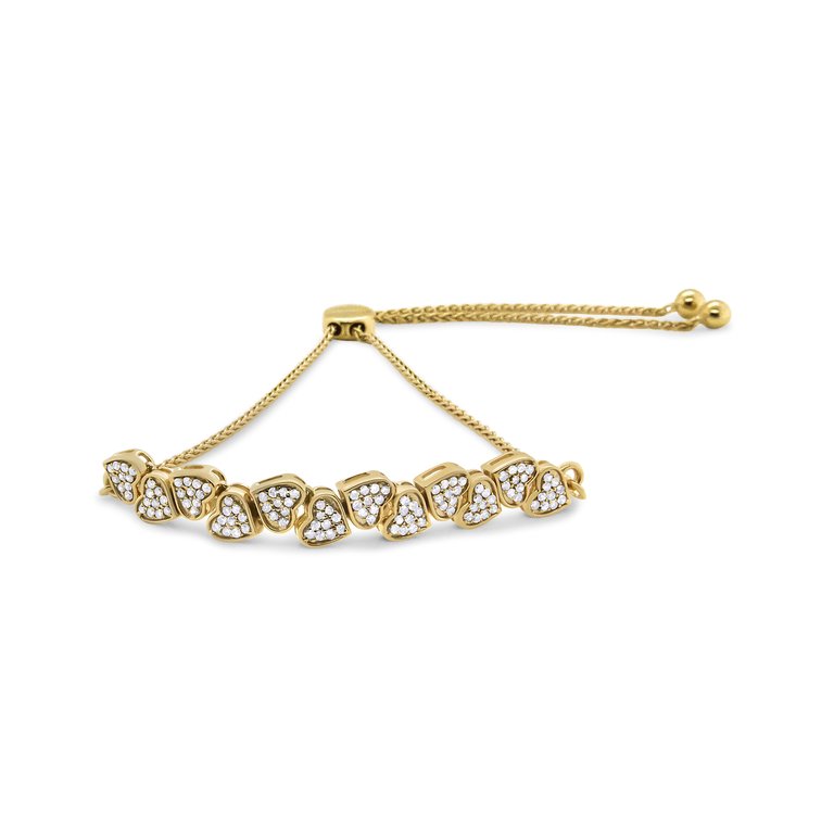 Yellow Gold Plated .925 Sterling Silver 1/2 Cttw Diamond Sideways Hearts Bolo Bracelet (H-I Color, I1-I2 Clarity) - 4”-10” Adjustable - Yellow Gold