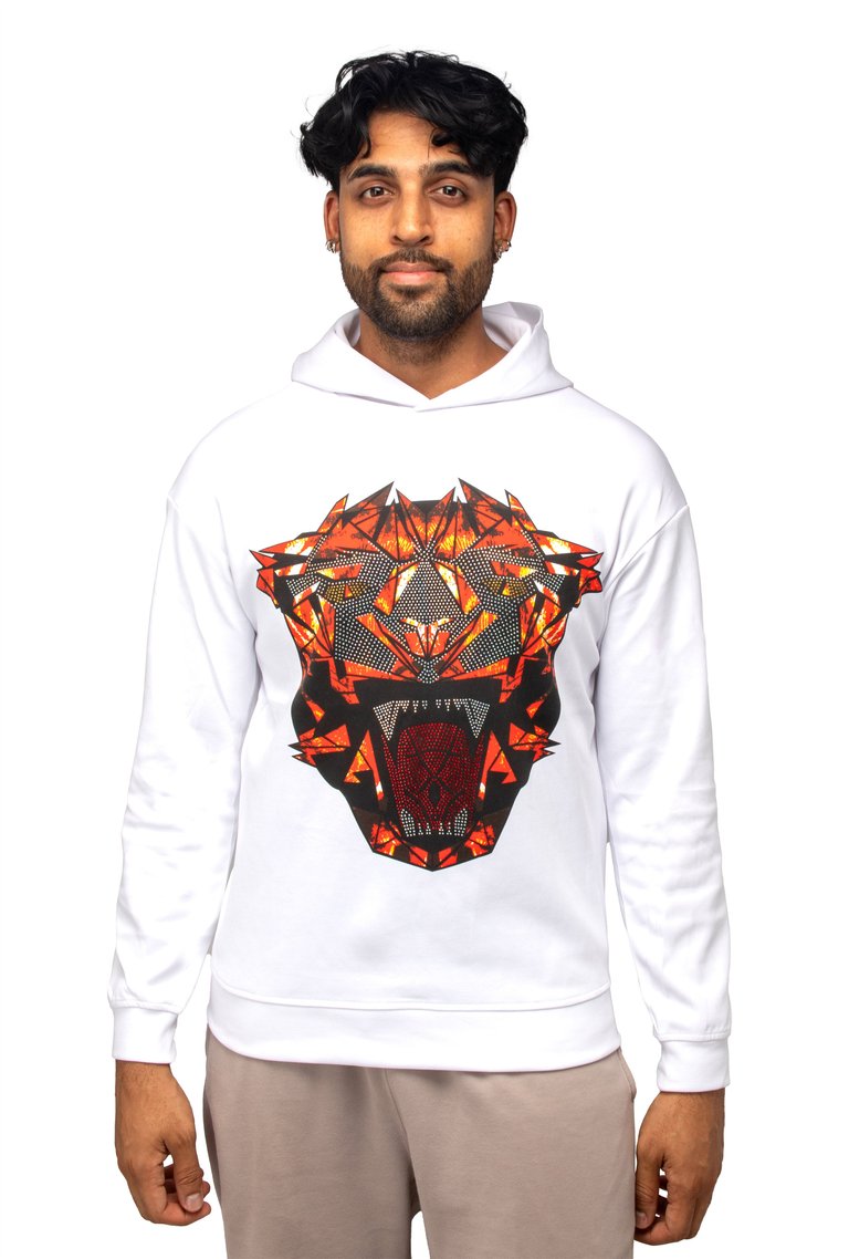 Hooded Rhinestone Studded Graphic Printed Sweater - Roaring Panther - White