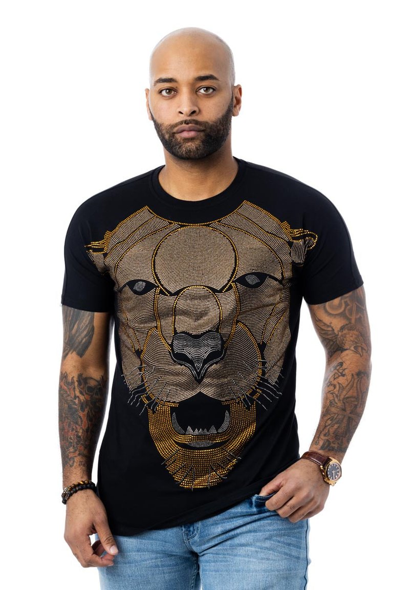 Rhinestone Studded Graphic Printed T-Shirt Cougar Face - Black