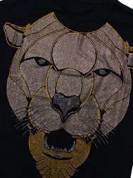 Rhinestone Studded Graphic Printed T-Shirt Cougar Face