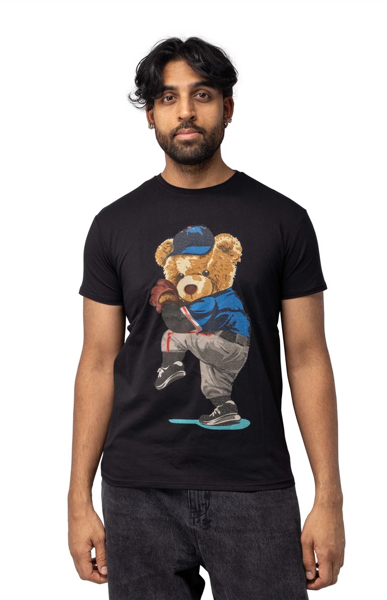 Slim Fit Crewneck Rhinestone Studded Graphic Printed T-Shirt - Ballpark Bear - Black