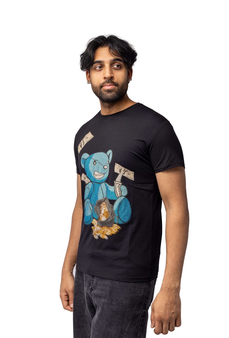 Slim Fit Crewneck Rhinestone Studded Graphic Printed T-Shirt - Blue Bear With Money