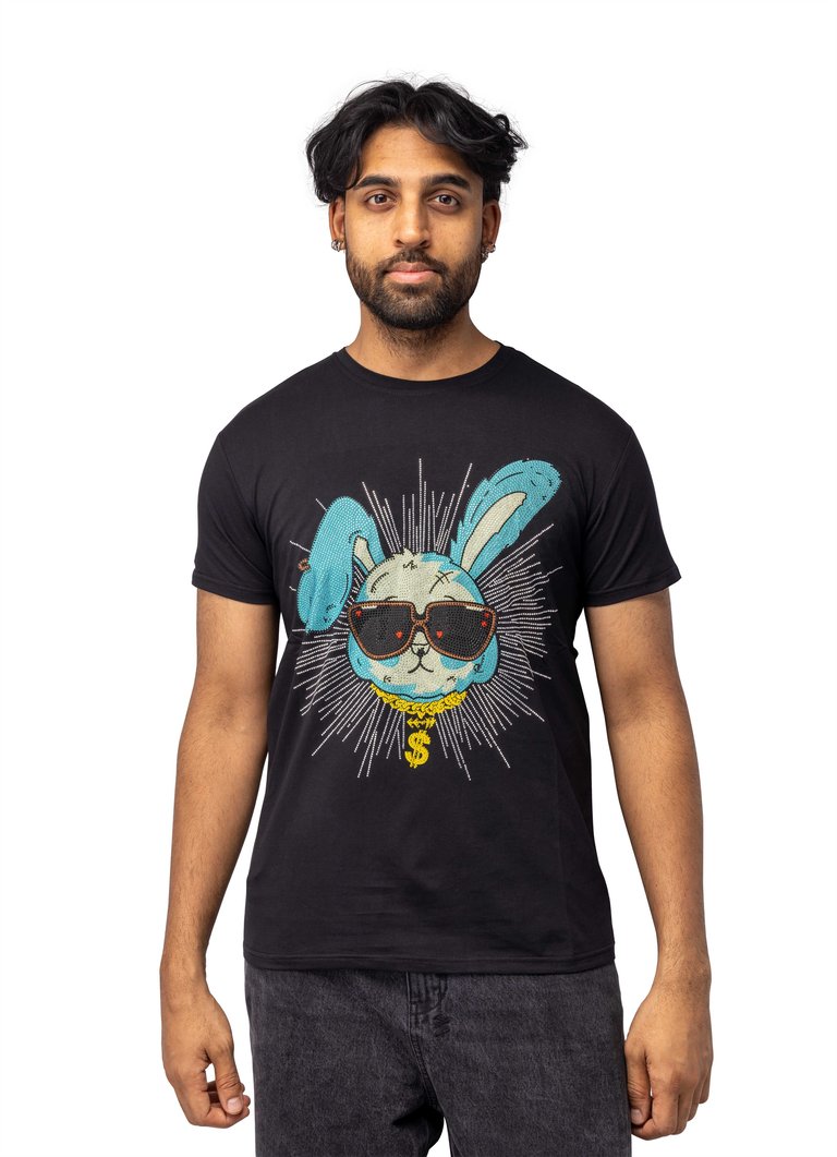 Slim Fit Crewneck Rhinestone Studded Graphic Printed T-Shirt - Blue Rabbit With Money Chain - Black