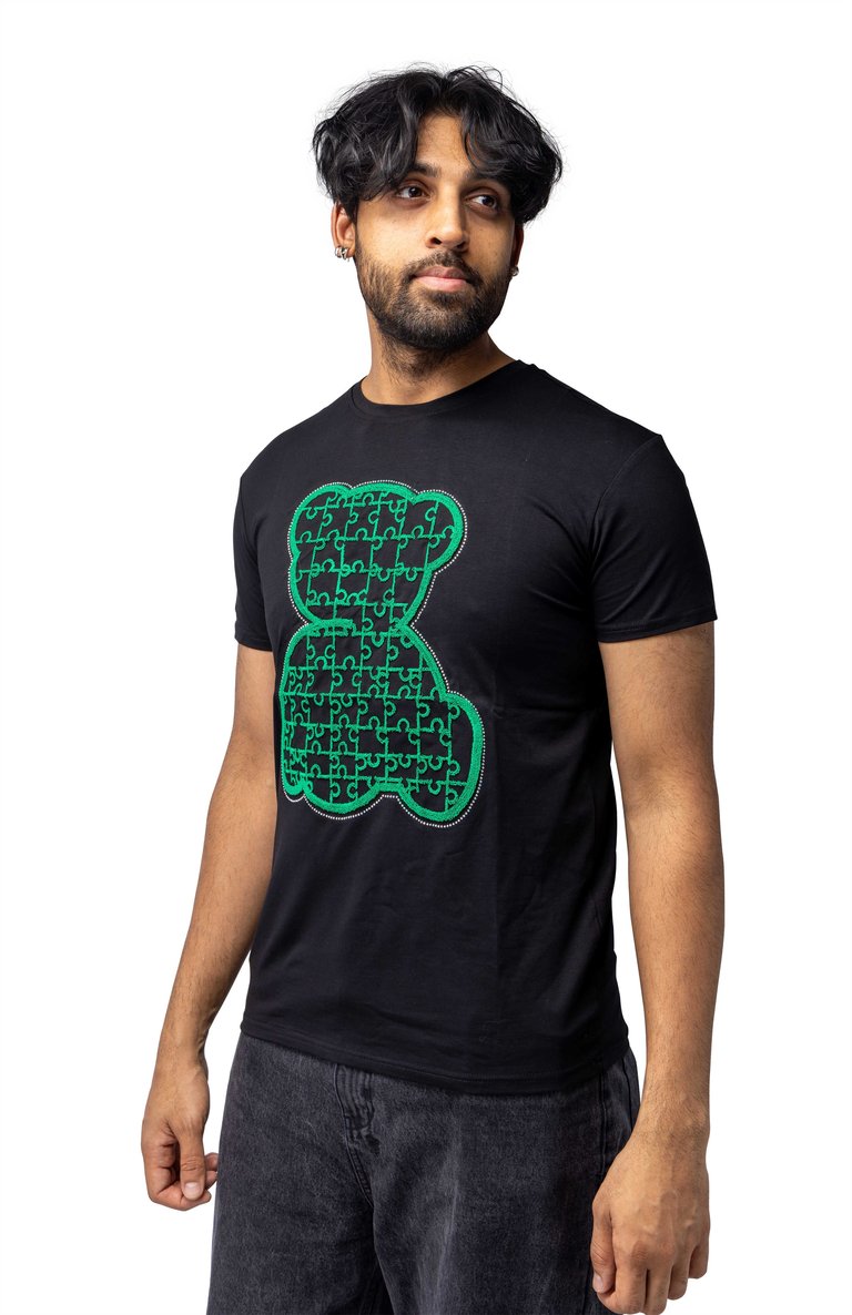 Slim Fit Crewneck Rhinestone Studded Graphic Printed T-Shirt - Green Pattern Outline Bear