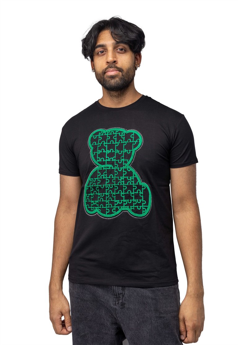 Slim Fit Crewneck Rhinestone Studded Graphic Printed T-Shirt - Green Pattern Outline Bear - Black