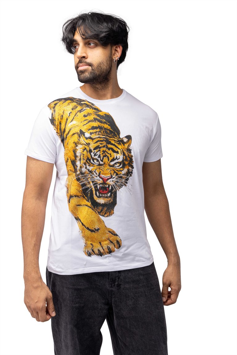 Slim Fit Crewneck Rhinestone Studded Graphic Printed T-Shirt - Lion Crawl