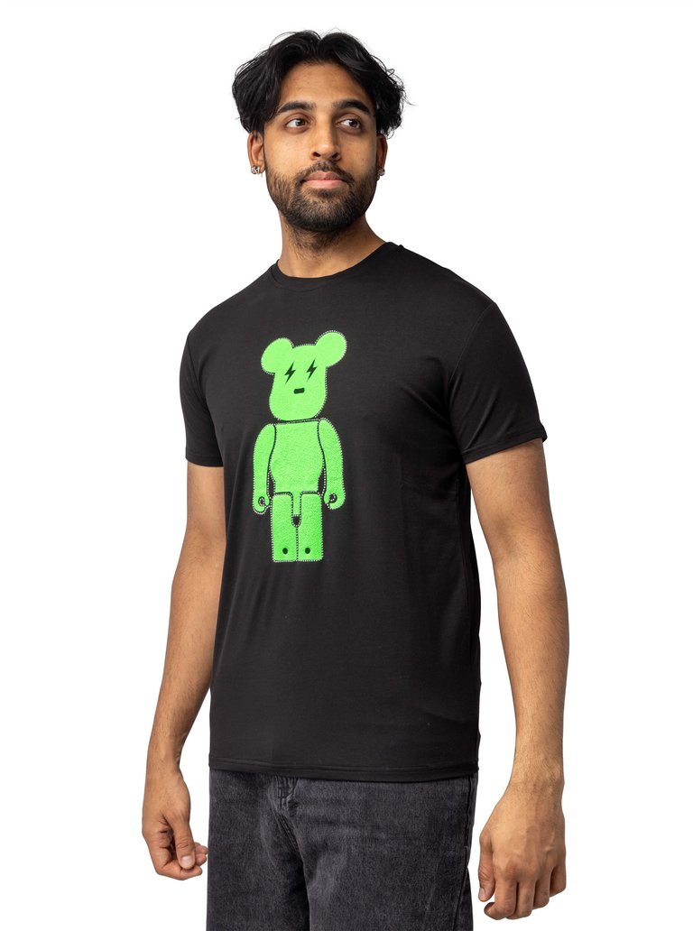 Slim Fit Crewneck Rhinestone Studded Graphic Printed T-Shirt - Neon Green Bear