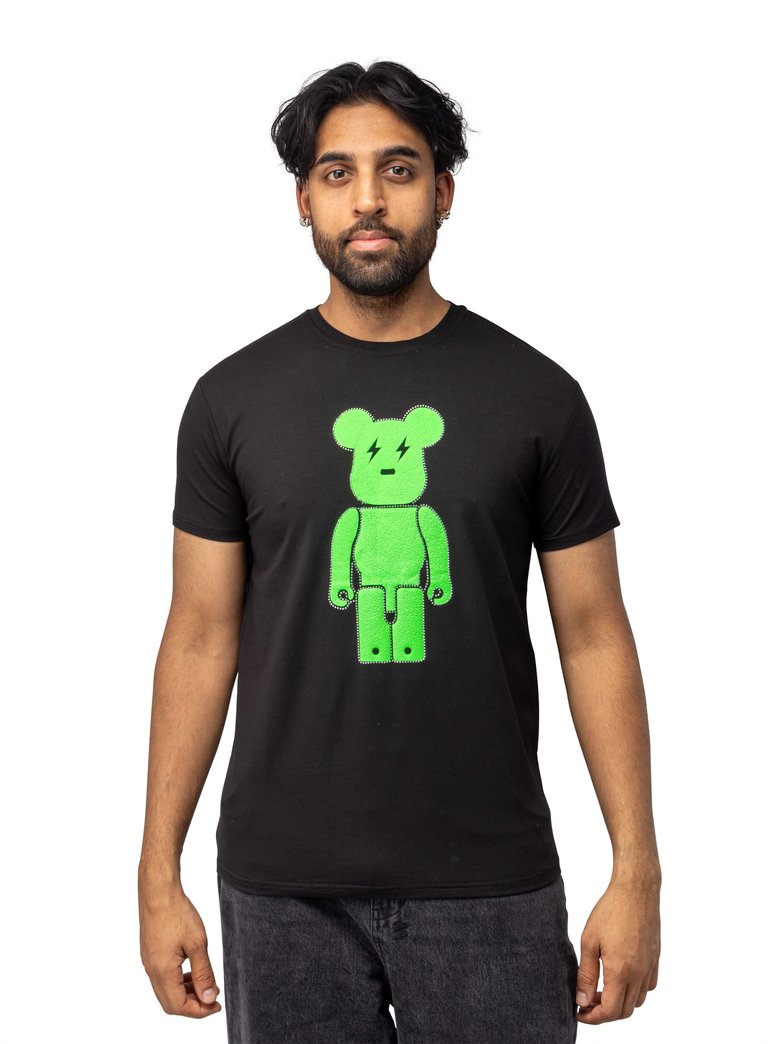 Slim Fit Crewneck Rhinestone Studded Graphic Printed T-Shirt - Neon Green Bear - Black