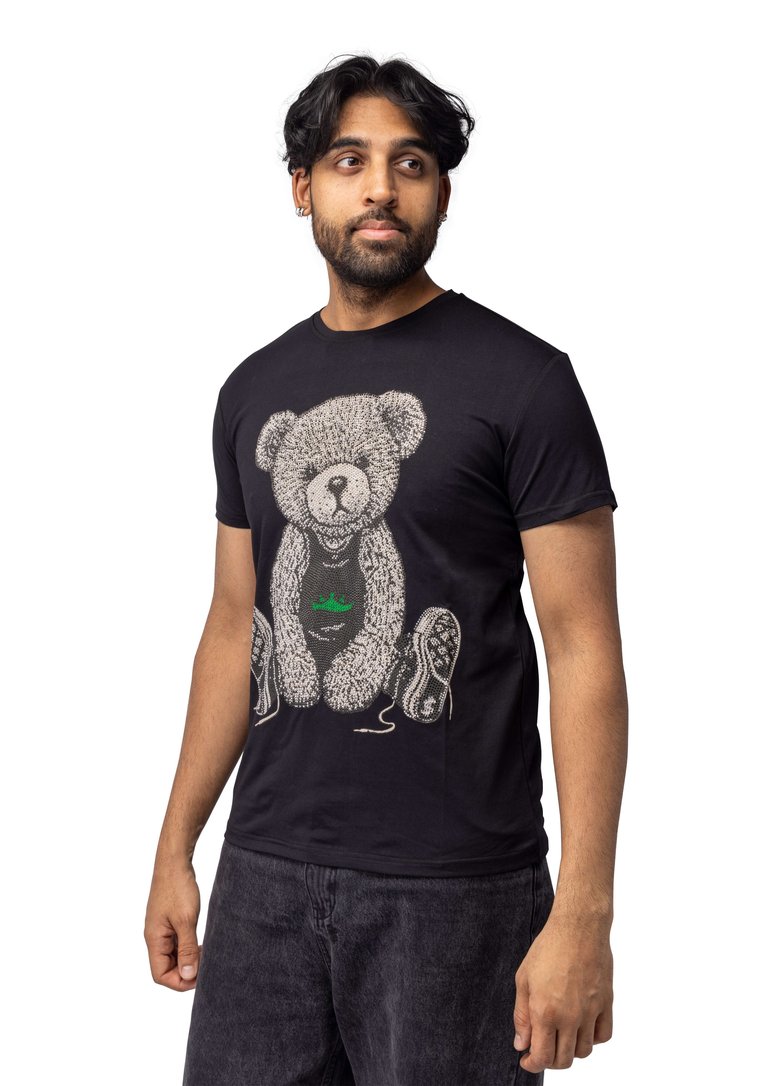 Slim Fit Crewneck Rhinestone Studded Graphic Printed T-Shirt - Seated Bear With Green Crown