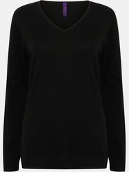 Henbury Womens/Ladies 12 Gauge Fine Knit V-Neck Jumper / Sweatshirt (Black)