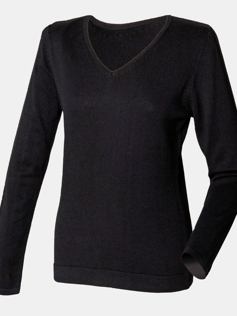 Henbury Womens/Ladies 12 Gauge Fine Knit V-Neck Jumper / Sweatshirt (Black) - Black