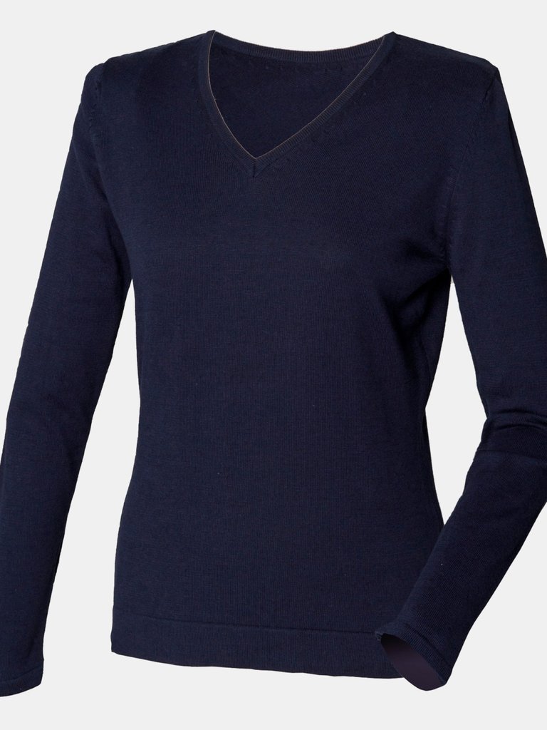 Henbury Womens/Ladies 12 Gauge Fine Knit V-Neck Jumper / Sweatshirt (Navy) - Navy