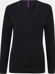 Henbury Womens/Ladies 12 Gauge Fine Knit V-Neck Jumper / Sweatshirt (Navy)