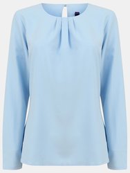 Henbury Womens/Ladies Pleat Front Long Sleeve Blouse (Light Blue) - Light Blue