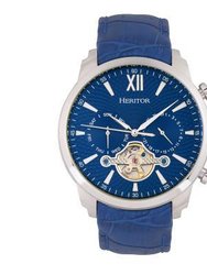 Arthur Semi-Skeleton Leather-Band Watch With Day/Date - Silver/Blue