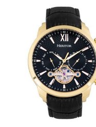 Arthur Semi-Skeleton Leather-Band Watch With Day/Date - Gold/Black