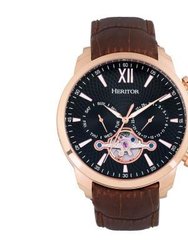 Arthur Semi-Skeleton Leather-Band Watch With Day/Date - Rose Gold/Black