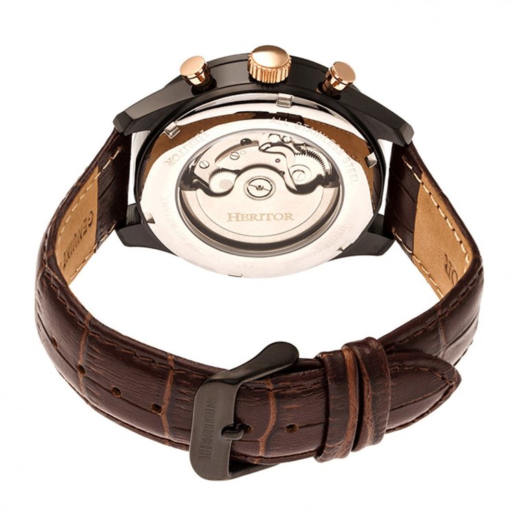 Benedict Leather-Band Watch With Day/Date - Black/Dark Brown