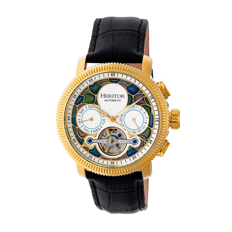 Heritor Automatic Aura Men's Semi-Skeleton Leather-Band Watch - Gold/White
