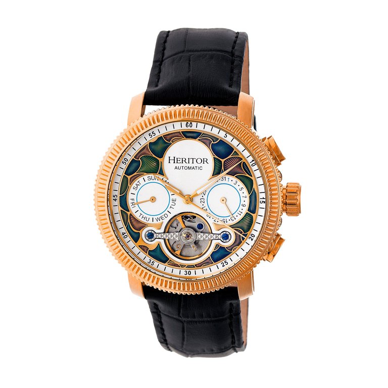Heritor Automatic Aura Men's Semi-Skeleton Leather-Band Watch - Rose Gold/White