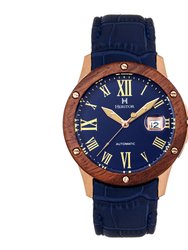 Heritor Automatic Everest Wooden Bezel Leather Band Watch /Date - Rose Gold/Blue