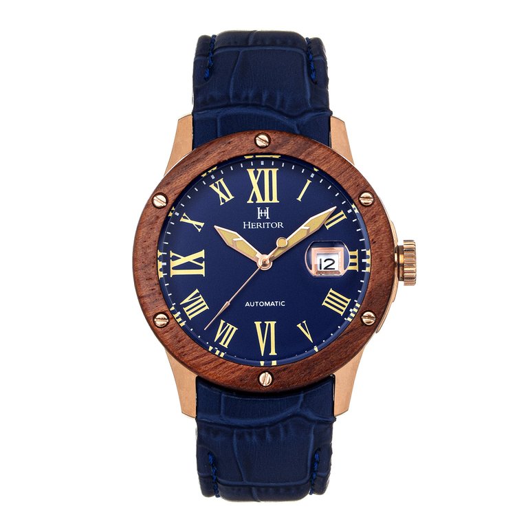 Heritor Automatic Everest Wooden Bezel Leather Band Watch /Date - Rose Gold/Blue