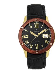 Heritor Automatic Everest Wooden Bezel Leather Band Watch /Date - Gold/Black