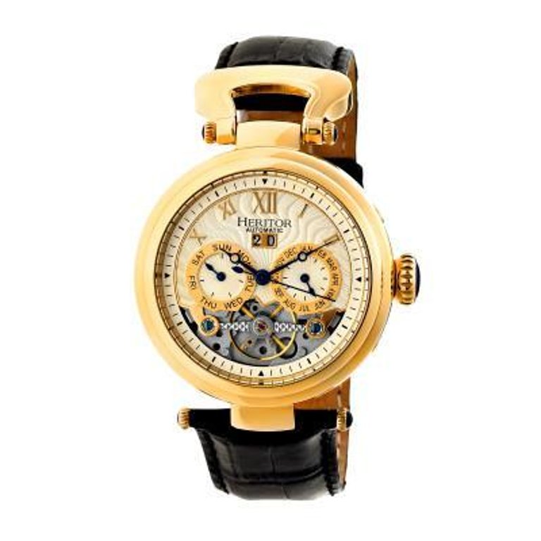 Heritor Automatic Ganzi Semi-Skeleton Leather-Band Watch - Gold/Silver