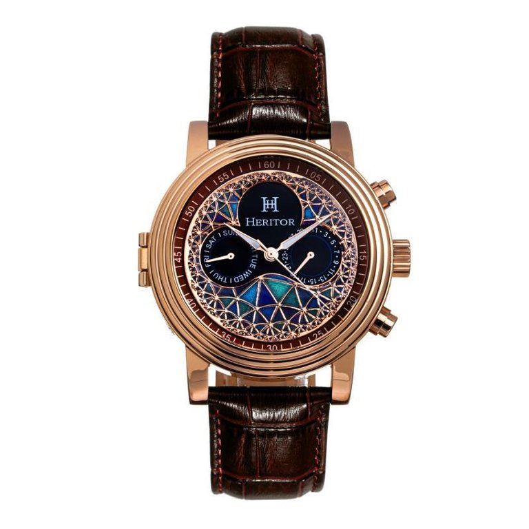 Heritor Automatic Legacy Leather-Band Watcch w/Day/Date - Rose Gold/Brown