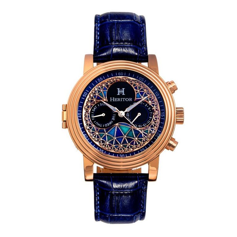 Heritor Automatic Legacy Leather-Band Watcch w/Day/Date - Rose Gold/Blue