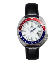 Heritor Automatic Pierce Leather-Band Watch w/Date - White/Red&Blue