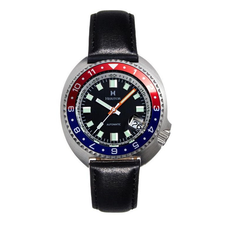 Heritor Automatic Pierce Leather-Band Watch w/Date - Black/Red&Blue