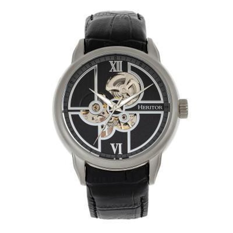 Heritor Automatic Sanford Semi-Skeleton Leather-Band Watch - Silver/Black