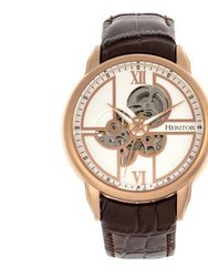 Heritor Automatic Sanford Semi-Skeleton Leather-Band Watch - Rose Gold/Brown