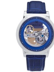 Xander Semi Skeleton Leather Band Watch - Silver/Blue