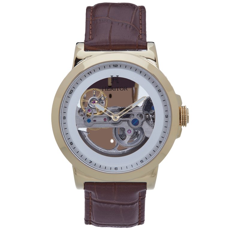 Xander Semi Skeleton Leather Band Watch - Gold/Brown