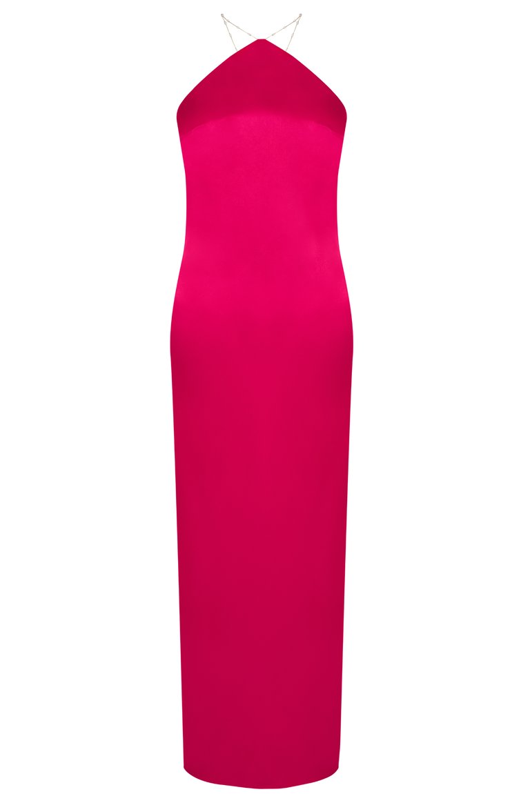 Aubrey Satin Halter Maxi Dress - Fuchsia Pink - Pink 