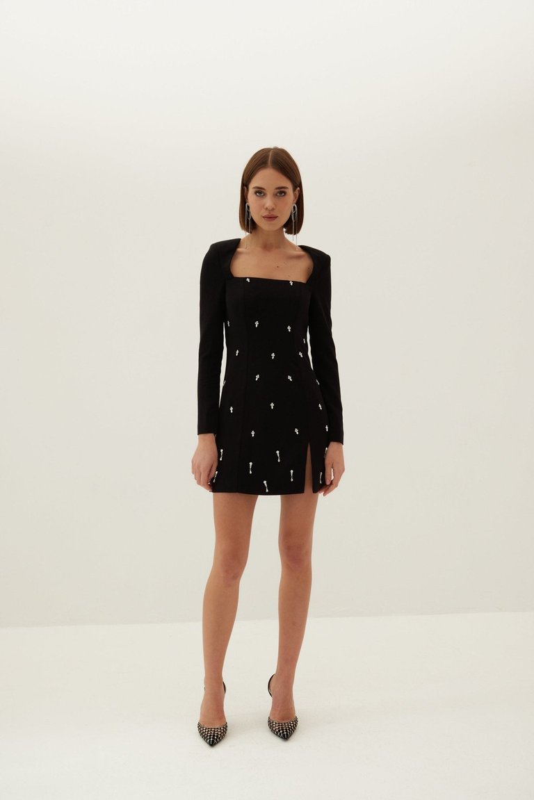 Esma Crepe Crystal Embellished Mini Dress - Black - Black