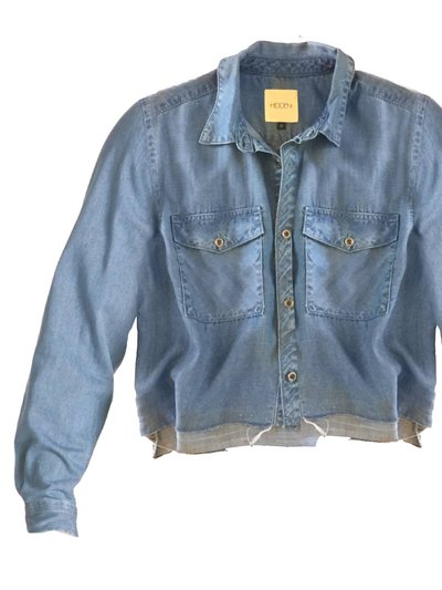 Hidden Jeans Jeans Women Chambray Cutoff Fringe Cropped Collared Top Shirt product