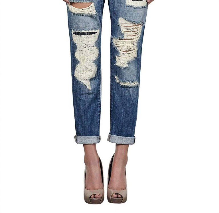 Slim Fit Low Rise Ripped Boyfriend Denim Jeans In Blue Denim - Blue Denim