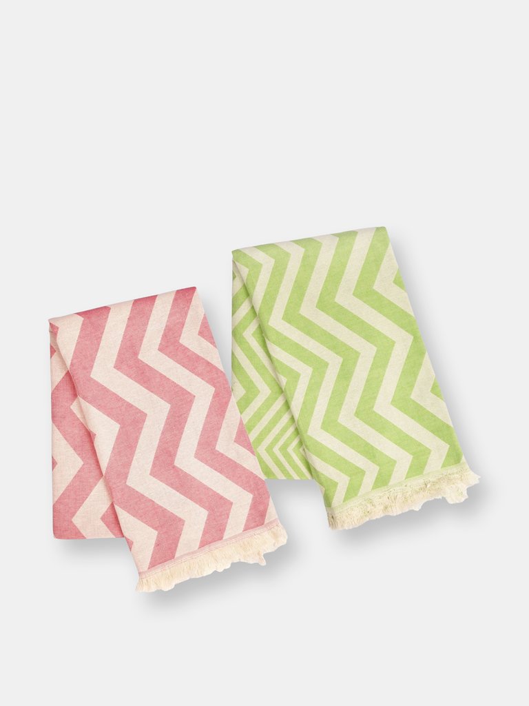 Mersin Chevron Pink & Green Eco Turkish Towels - 2 Pack - Multi