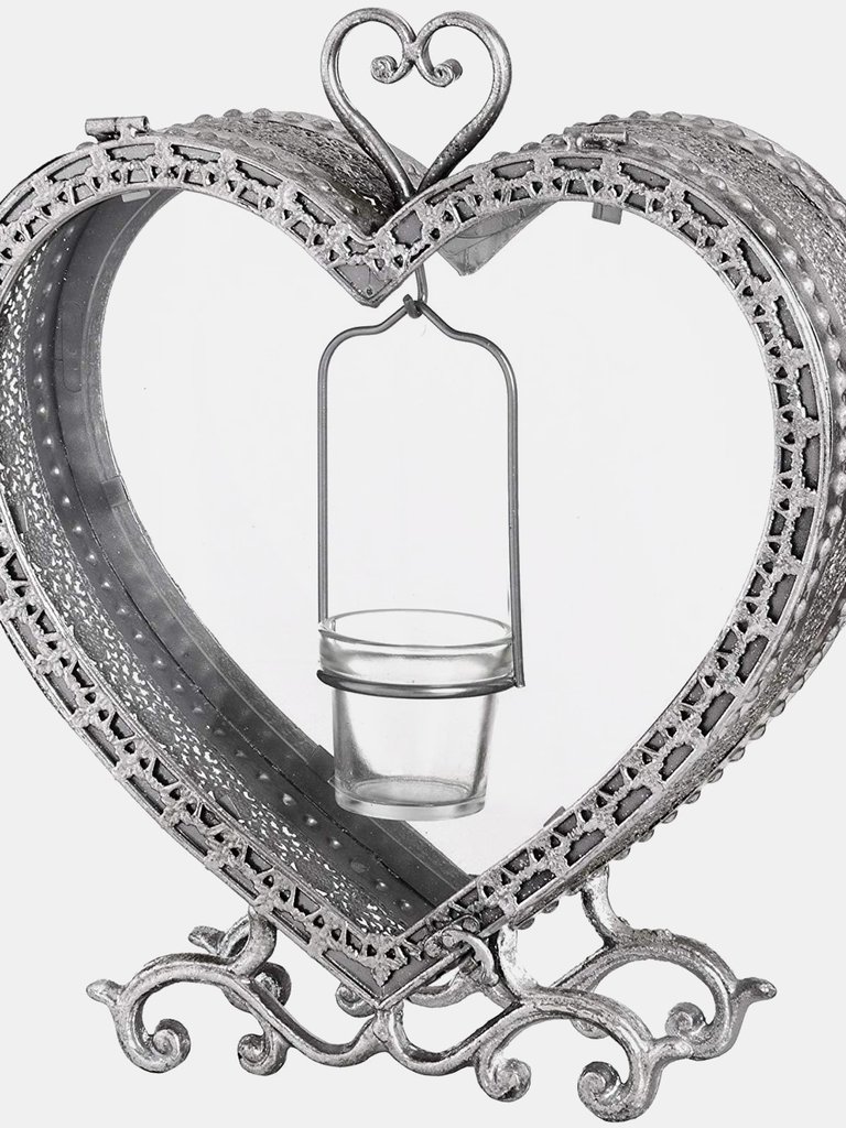 Free Standing Heart Tealight Lantern - One Size - Silver