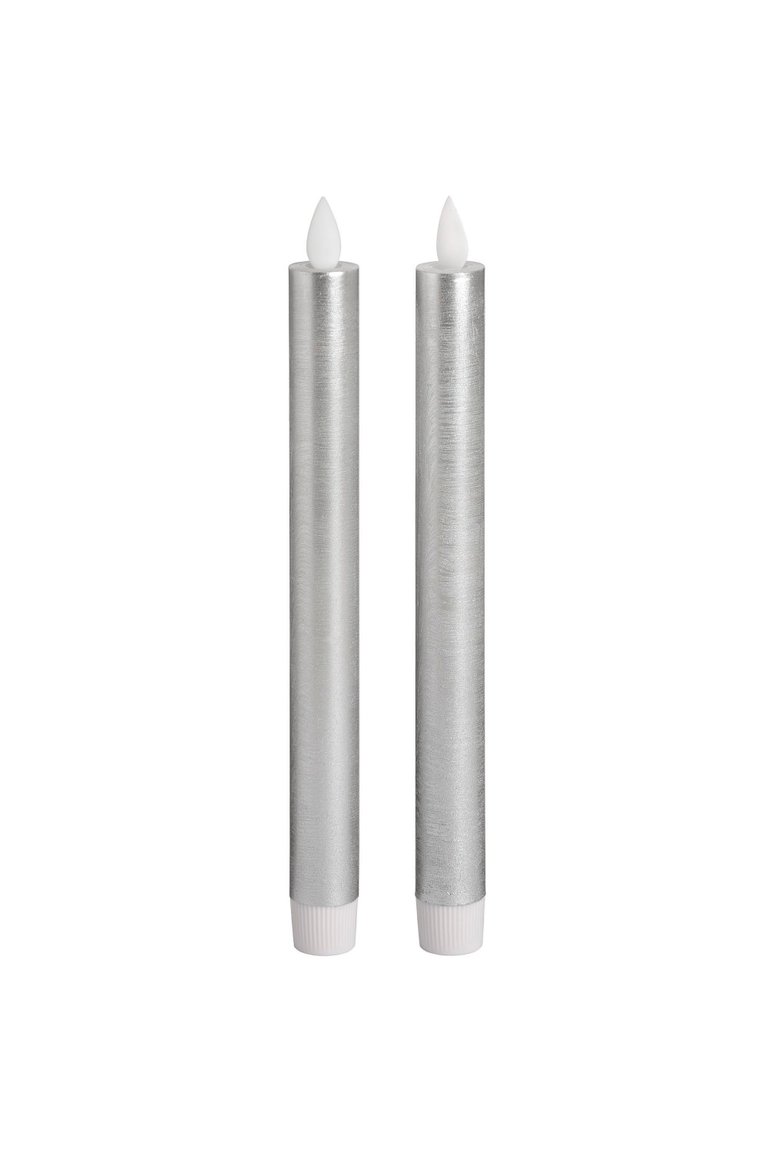 Hill Interiors Pair Of Silver Luxe Flickering Flame LED Wax Dinner Candles (Silver) (One Size) - Silver