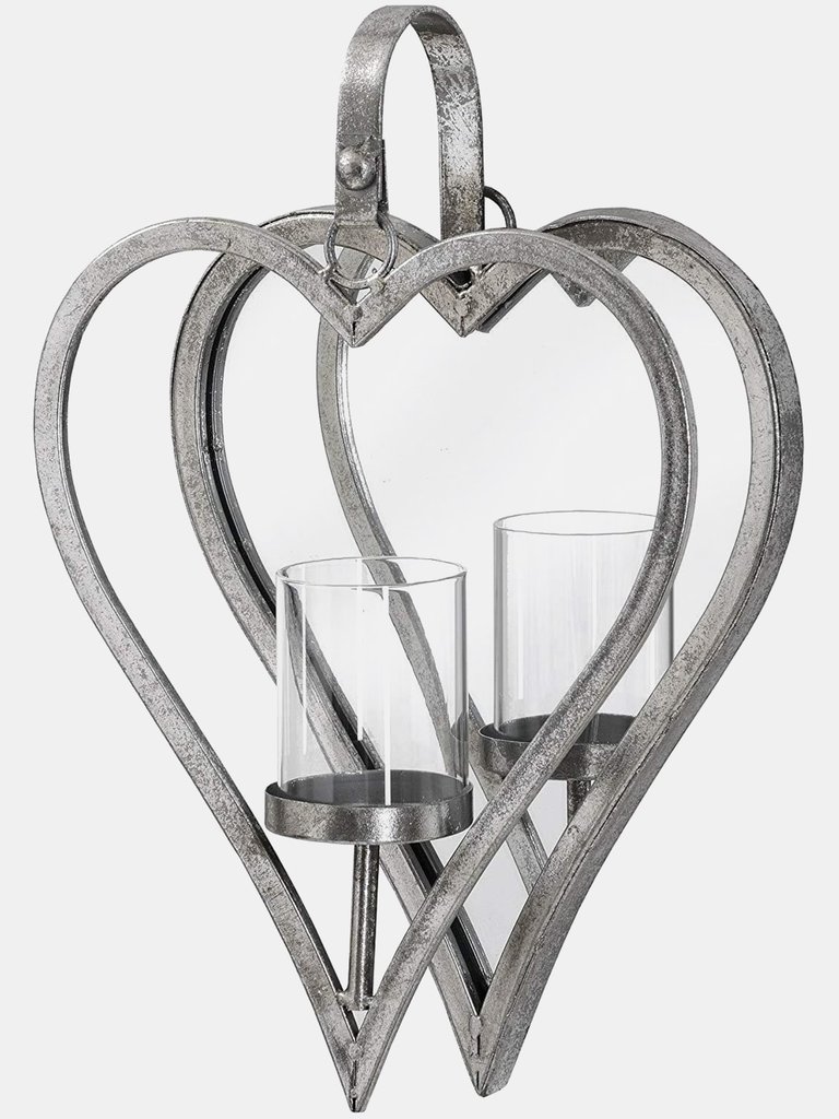 Small Antique Silver Mirrored Heart Candle Holder - One Size - Silver