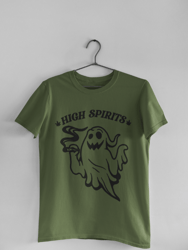 High Spirits Pot Smoking Ghost T-Shirt, Funny Weed Halloween Humor - Military Green