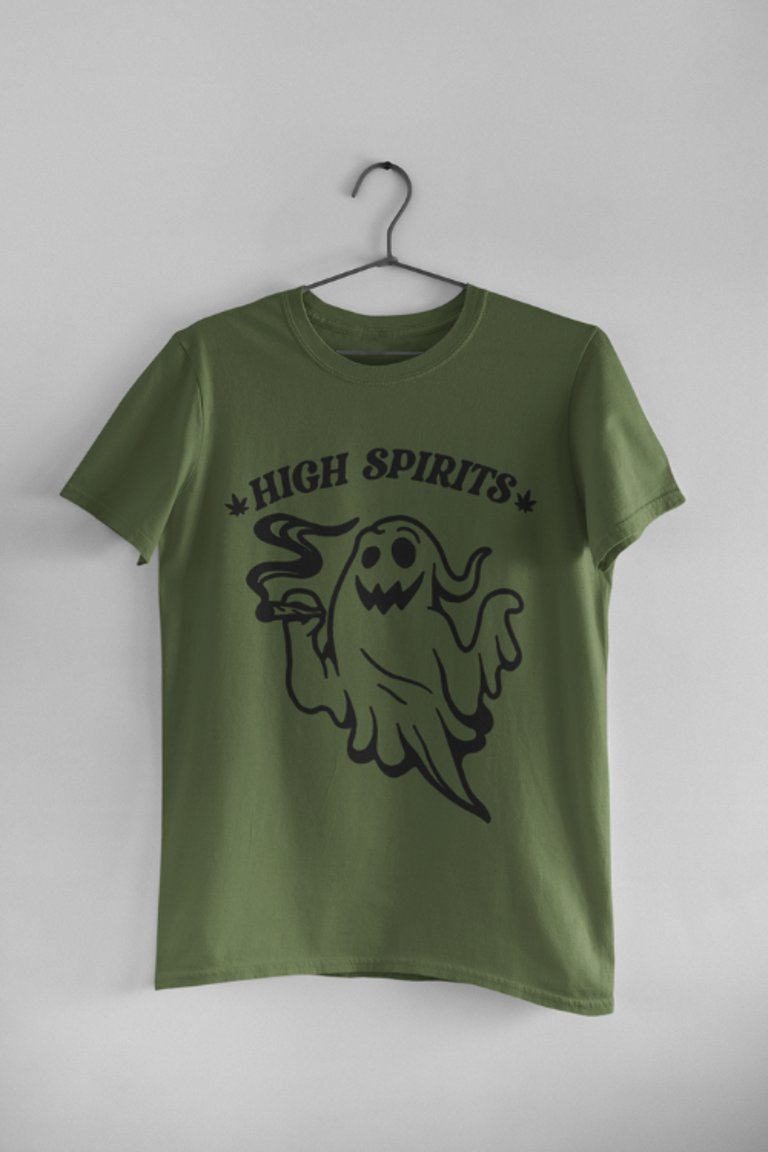 High Spirits Pot Smoking Ghost T-Shirt, Funny Weed Halloween Humor - Military Green