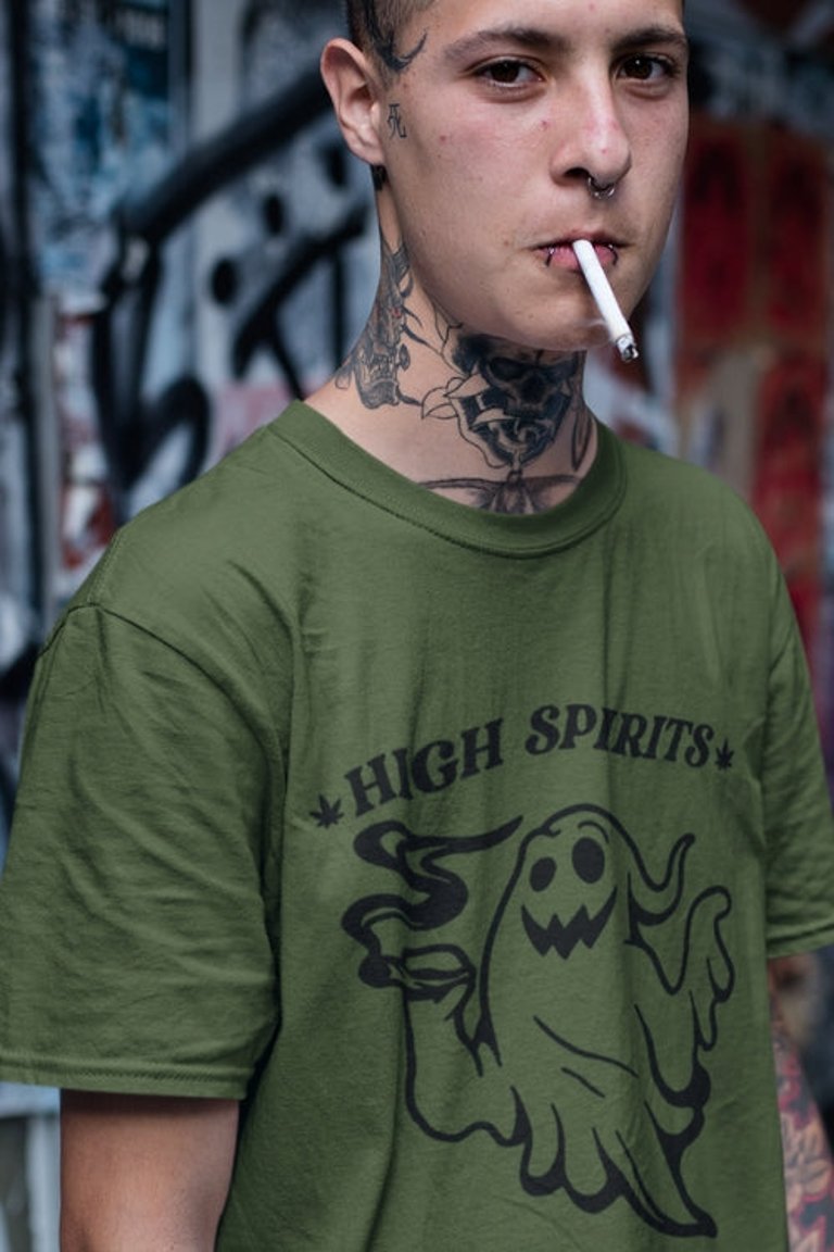 High Spirits Pot Smoking Ghost T-Shirt, Funny Weed Halloween Humor