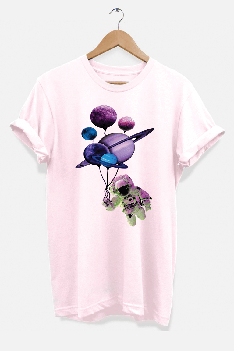 Space Astronaut With Planet Balloons T-Shirt - Pink