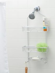 2 Tier Aluminum Shower Caddy with Lower Hooks and Soap Tray